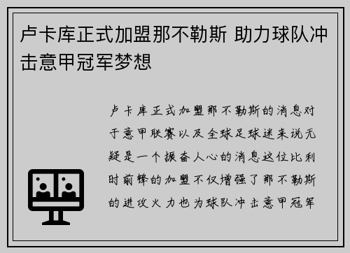 卢卡库正式加盟那不勒斯 助力球队冲击意甲冠军梦想 卢卡库正式加盟那不勒斯 助力球队冲击意甲冠军梦想